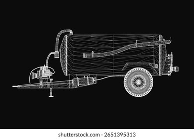 A 3D model of a trailer with a detailed tank and wheel, set against a sleek black background. The design features realistic textures and clean lines for a professional look.