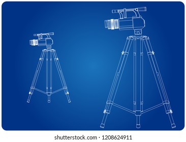 3d model tripod and camcorder on a blue background