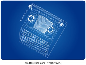 3d model of typewriter on a blue background