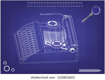 3d model of typewriter on a blue background