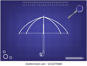 3d model of an umbrella on a blue background. Drawing