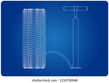 3d model of the wheel and pump on a blue background. Drawing