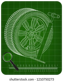 3d model of the wheel and pump on a green background. Drawing