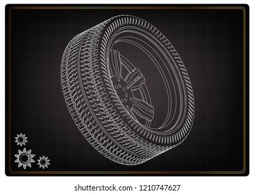 3d model of wheels on a black background. Drawing