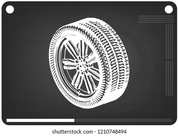 3d model of wheels on a black background. Drawing