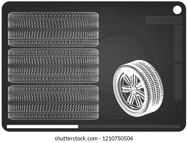 3d model of wheels on a black background. Drawing