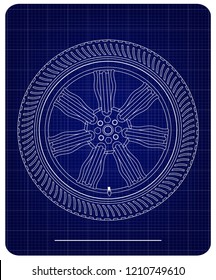 3d model of wheels on a blue background. Drawing
