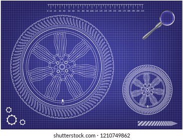 3d model of wheels on a blue background. Drawing