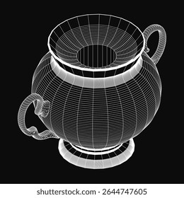 A 3D model of a white cauldron with intricate designs, featuring a handle and spout, rendered realistically on a black background. The high contrast makes the teapot stand out prominently.