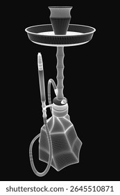 Um modelo 3D de um narguilé branco com detalhes intrincados, incluindo a alça curva, tigela ornamentada e bico fino, destaca-se contra um fundo preto elegante.
