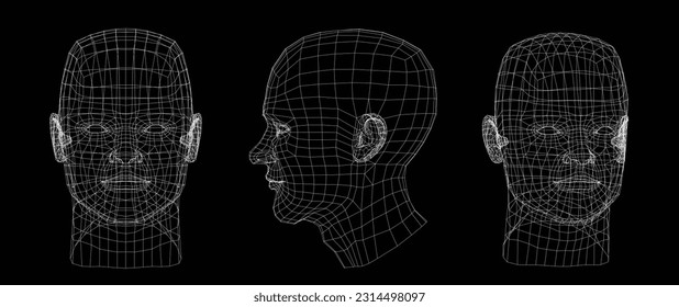 Modelo 3D de alambre de cabeza humana. Concepto de autenticación e identificación biométricas. Ilustración vectorial