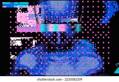 3D model of a woman on a glitched and pixelated background. Concept of an artificial intelligence and machine learning.