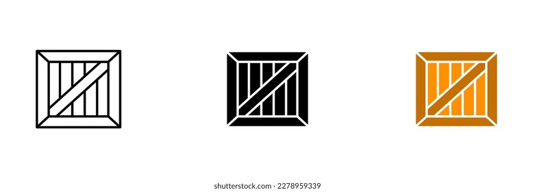 A 3D model of a wooden crate, made of natural wood with visible grains and a metal latch. Vector set of icons in line, black and colorful styles isolated.