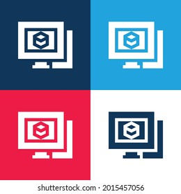 3d Modelado azul y rojo cuatro colores conjunto de iconos mínimo