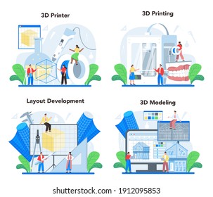 3D modeling concept set. Digital drawing with electronic tools and equipment. 3D modeling and engineering. Modern prototyping and construction. Isolated vector illustration