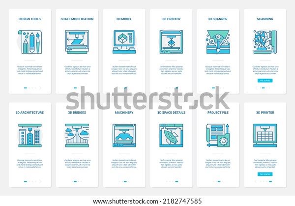 3d modeling design vector illustration. UX, UI\
onboarding mobile app page screen set with line machinery equipment\
and tools for designing, architecture project of machine model and\
outline details