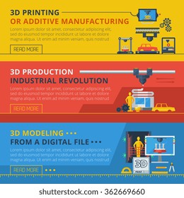 3D modeling from digital files printing and production online information 3 flat horizontal banners set  abstract vector illustration 