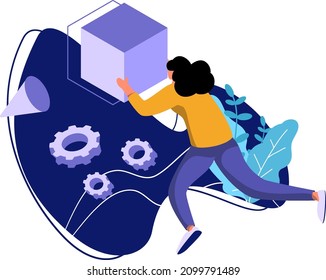3D Modeling Flat Illustration Metaverse Virtual Reality concept, color dark blue, yellow, green minimal style, can be used for landing page, web, UI, banner, template, background, web development.