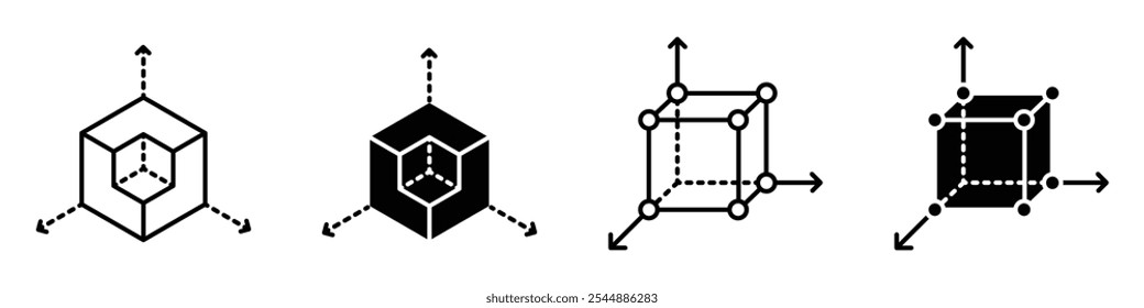 3D modeling icon collection in black and white filled and solid vector style.