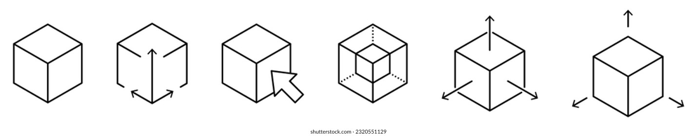 3D-Modellierungs-Icon-Set. Dünne Linienführung. Vektorgrafik einzeln auf weißem Hintergrund