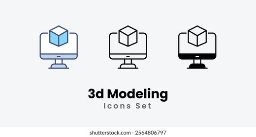3d Modeling Icons thin line and glyph vector icon stock illustration