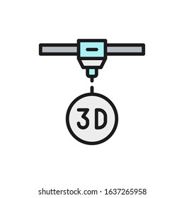 3d modeling, industrial printer, 3 dimensional model flat color line icon.
