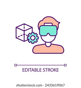 3D modeling in metaverse RGB color icon. Create and test items in virtual reality. Man with VR headset using technology. Isolated vector illustration. Simple filled line drawing. Editable stroke