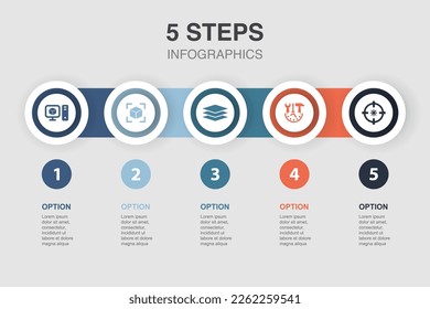 3D-Modellierung, Modellvorbereitung, Ebenen, Buildzeit, Laser-Messung, Symbole Infografische Design-Layout-Vorlage. Kreatives Präsentationskonzept mit 5 Schritten