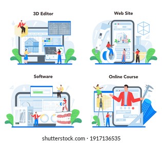 3D Modeling Online Service Or Platform Set. Digital Drawing With Electronic Tools And Equipment. 3D Modeling And Engineering. Online Course, 3d Editor, Software, Website. Isolated Vector Illustration