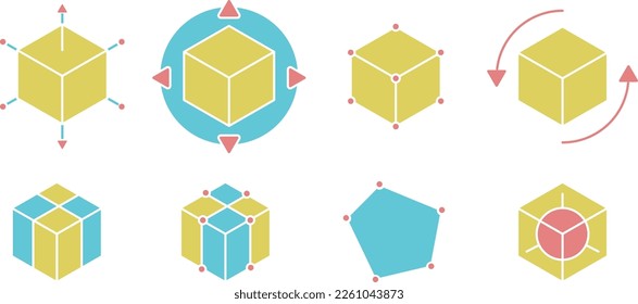 3D modeling and printing, set of 3d printing color flat icons