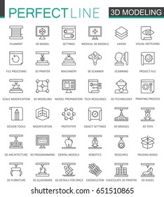 3d modeling and printing thin line web icons set. Outline stroke icons design.