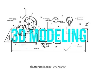 3d modeling process illustration . Line icons set . Line flat style . Vector background . 