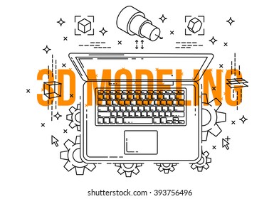 3d modeling process illustration . Line icons set . Line flat style . Vector background . 