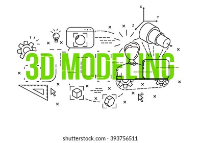 3d modeling process illustration . Line icons set . Line flat style . Vector background . 