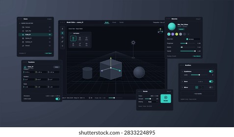 3D modeling and rendering software interface template with active viewport workspace. Architecture and CGI design layout with materials panel, scene collection sidebar and transform controls. Vector dashboard with UI, UX.