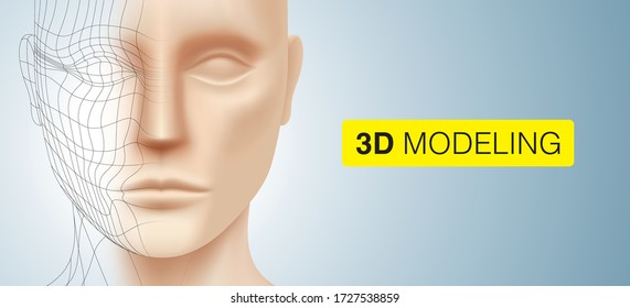 3D modeling vector background. The face of a white young man with polygonal lines, isolated on a silver colored background. Model sculpting and rendering concept illustration.