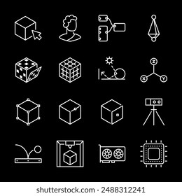 3D modeling, white line icons. Comprehensive tools for creating, sculpting, and rendering 3D models. Includes 3D printers and accessories. Symbols on black background. Editable stroke.