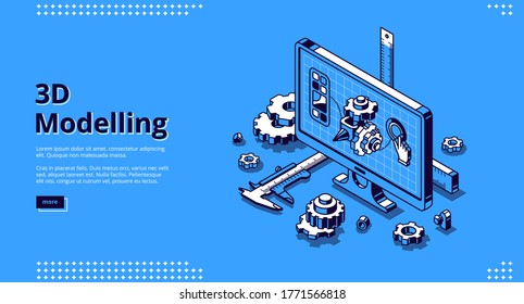 3d modelling isometric landing page. Cad engineer model project on computer desktop screen with construction supplies around. Software program for pc, technical blueprint, vector line art web banner