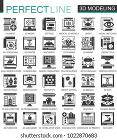 3d modelling and printing black mini concept symbols. Modern vector icon pictogram vector illustrations set.