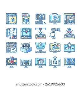 3d Modelling Software Device doodle icons set vector. 3d Modelling Computer Program For Interior Visualization Architecture Exterior, Scanning Printing sketch hand drawn