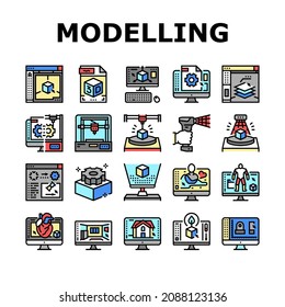 3d Modelling Software And Device Icons Set Vector. 3d Modelling Computer Program For Interior Visualization And Architecture Exterior, Scanning And Printing Line. Color Illustrations