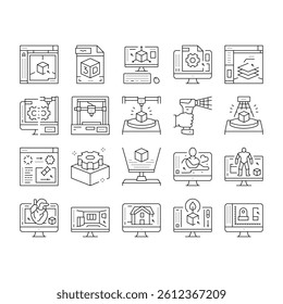 3d Modelling Software And Device Icons Set Vector. 3d Modelling Computer Program For Interior Visualization And Architecture Exterior, Scanning And Printing Black Contour Illustrations