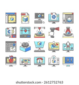 3d Modelling Software And Device Icons Set Vector. 3d Modelling Computer Program For Interior Visualization And Architecture Exterior, Scanning And Printing Line. Color Illustrations