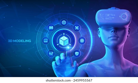 3d modelling. 3D software. Engineering process, modern IT technology. Three dimensional project. Girl wearing VR headset glasses touching digital interface with 3D software icon. Vector illustration.