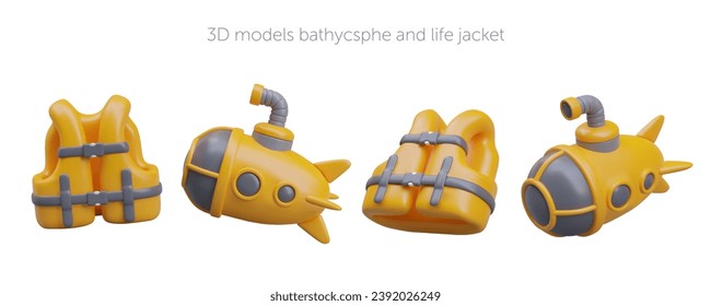 Modelos 3D de batyscaphe y chaleco salvavidas en diferentes posiciones. Ilustración de color amarillo vectorial. Concepto de buceo profundo bajo el agua. Dispositivo de rescate personal del nadador