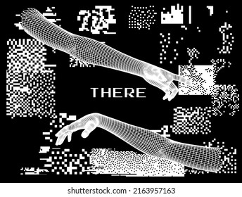 Modelos 3D de manos mostrando gesto señalando sobre fondo rayado y pixelado. Ilustración surrealista de estilo futurista para afiche o portada.