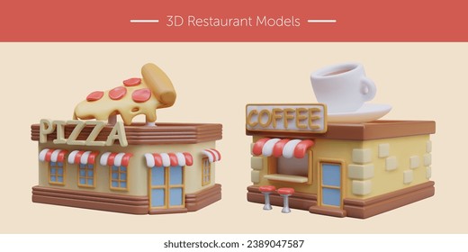 3D models of restaurants. Colorful building of pizzeria and coffee shop in cartoon style. Advertising illustrations for local businesses. Vector images for site, application, game