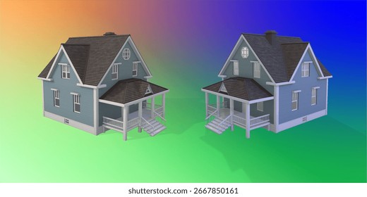 Modelos 3D de una casa de dos pisos, representados sobre un fondo degradado en transición de naranja, púrpura a verde, azul