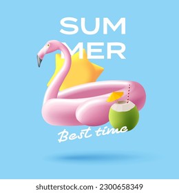 3d moder composition with pink Inflatable flamingo ring. Cocnut cocktail and sun, poster element