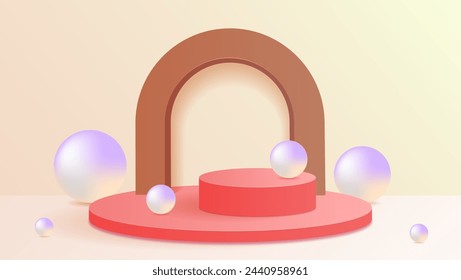 3d modern abstract geometric background for ecommerce. With red stage podium, brown arch, sphere and cream background.